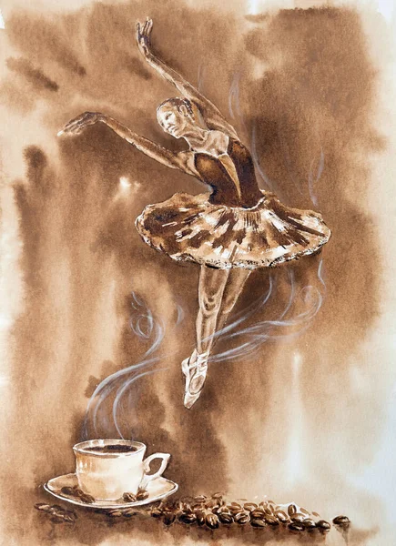 The cup of coffee with ballerina in vapour on attractive background. Hand made beautiful coffee naturmorte art painting on paper texture