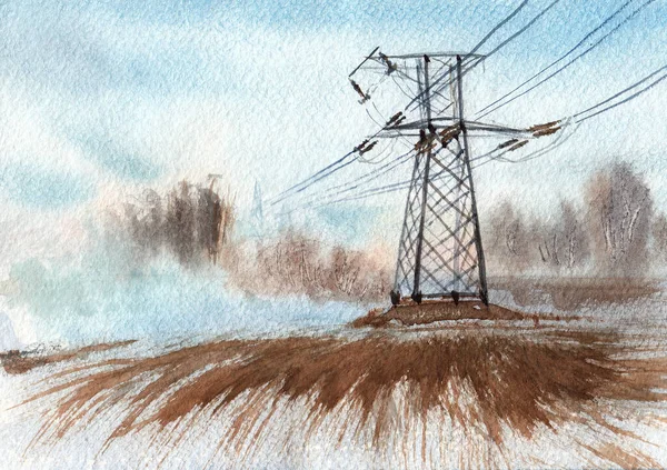 送電線の風景 長い線は霧の中で消えます 紙の質感で手描き水彩 — ストック写真