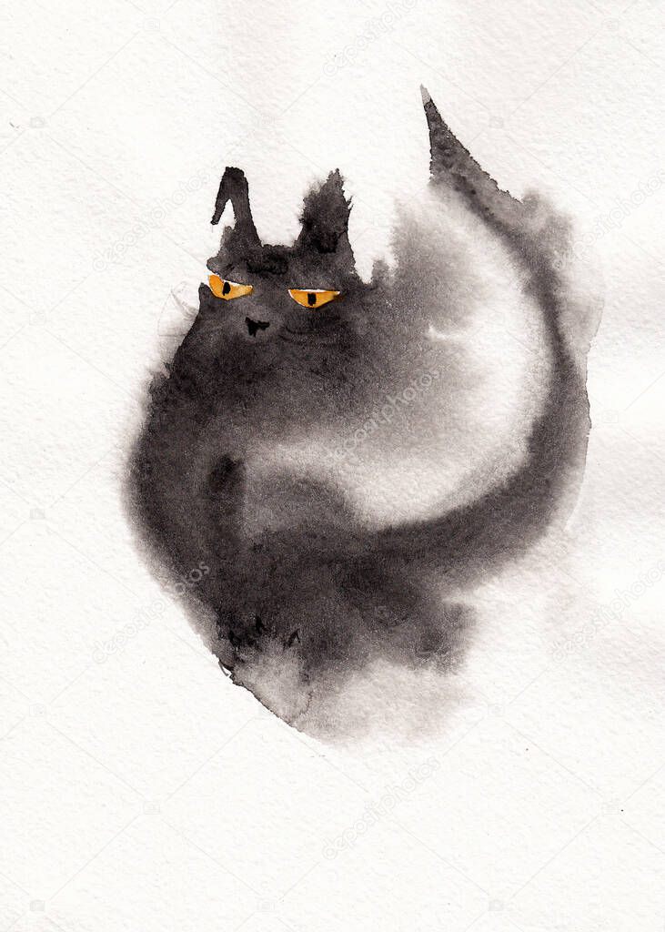 Portrait of runnig crazy cat with orange eyes. Hand drawing in watercolor on white paper texture
