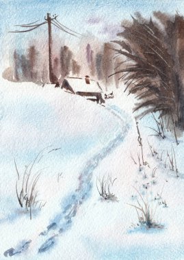 Kış kırsal arazisi. Kar yolu ve uzun elektrik kabloları siste kayboluyor. Kağıt desenli el çizimi suluboya