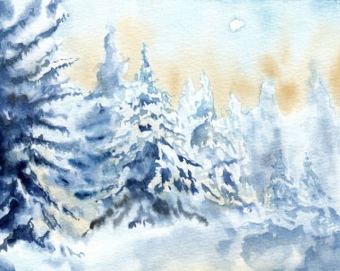 Kış orman manzarası ve kar kürkleri. Suluboya kağıdına el çizimi suluboya ve kahve