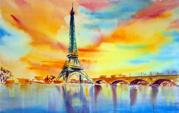 Torre Eiffel Paris Contra Fundo Céu Brilhante Por Sol Aquarelas — Fotografia de Stock