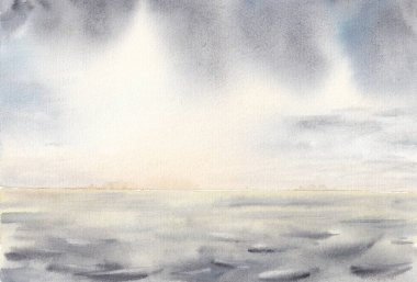 Su manzaralı, gökyüzü ve gökyüzü tasarım için ufuk çizgisi olan boş deniz manzarası. Kağıt dokular üzerine el çizimi suluboya