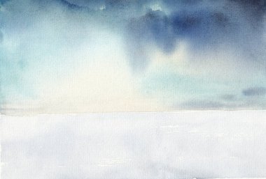 Su manzaralı, gökyüzü ve gökyüzü tasarım için ufuk çizgisi olan boş deniz manzarası. Kağıt dokular üzerine el çizimi suluboya
