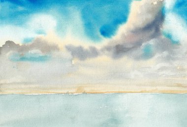 Su manzaralı, gökyüzü ve gökyüzü tasarım için ufuk çizgisi olan boş deniz manzarası. Kağıt dokular üzerine el çizimi suluboya