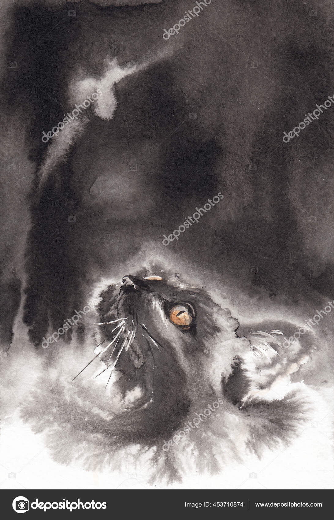 神秘形象的黑猫黑暗的背景手绘中国油墨和水彩颜料在水彩纸纹理上的效果 图库照片 C Oleksandr 神秘形象的黑猫黑暗的背景手绘中国油墨和水彩颜料在水彩纸纹理上的效果 图库照片 C Oleksandr