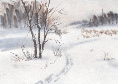 Kış manzarası. Yol ve karlı orman. Kağıt desenli el çizimi suluboya