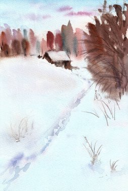 Kış kırsal arazisi. Kar yolu ve karların arasında bir ev. Kağıt desenli el çizimi suluboya