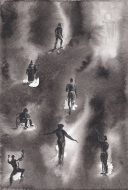 Herkes Tanrı 'ya kendi yöntemiyle gelir. Suluboya kağıt üzerine desenli fantastik ışık portalı porseleni mürekkebi çizimi çekici bir arka plan. Görüntü bulanıklaşır ve yayılır