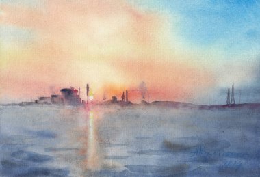 Sabah saatlerinde Güney Ukrayna nükleer santrali, gölette gün doğumu. Kağıt dokular üzerine el çizimi suluboya