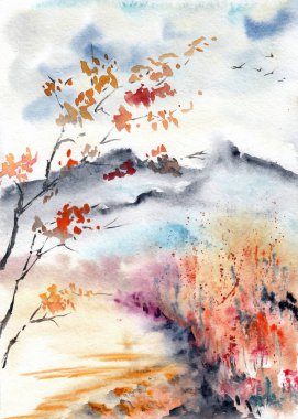 Sonbahar stilize edilmiş manzara. Dağlar, çayırlar ve mavi gökyüzü olan ağaçlar. Kağıt desenli el yapımı suluboya. Raster resmi