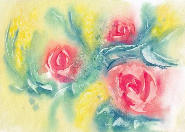 Çekici bir arka plan olarak üç kırmızı gül. Kağıt desenli el yapımı suluboya. Raster resmi