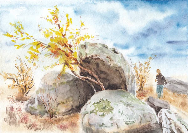 秋天的风景 石头大 蓝蓝的 多云的天空 手绘水彩画与纸张质感 光栅图像 — 图库照片