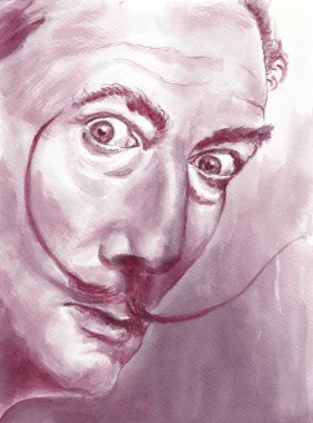Salvador Dali, İspanyol ünlü sanatçı. El yapımı güzel bir portre. Kağıt dokusunda kırmızı şarap.