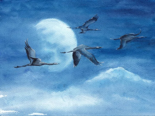 Night landscape with flock of cranes over dark blue sky, big moon and mountain peaks. Hand drawn watercolors on paper textures. Raster image