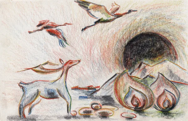 動物や木々と桃源郷のスタイルの黒い太陽の風景 紙の質感で鉛筆手描きの絵 ラスター画像 — ストック写真