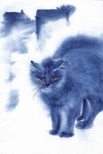 城市基础设施中的蓝色猫科动物 有着橙色的眼睛 手绘水彩画用纸的质感 栅格图像 Bitmap — 图库照片