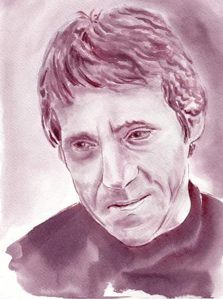 Vladimir Vysotsky, Rus sanatçı, şair, sanatçı ve şarkıcı. El yapımı güzel bir portre. Kağıt dokusunda kırmızı şarap.