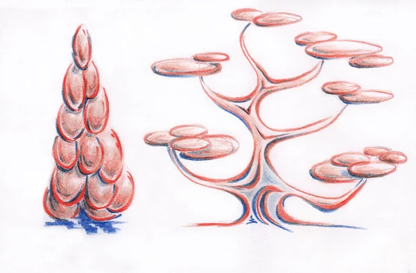 Stylized Two Trees Red Blue Colors Pencil Hand Drawing Picture — Stock Photo, Image