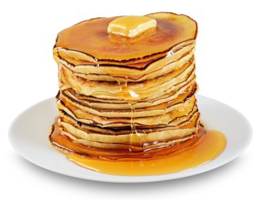 Pancakes with butter and syrup.