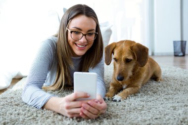 Cep telefonunuzun ve evde onu köpek olan güzel kadın.