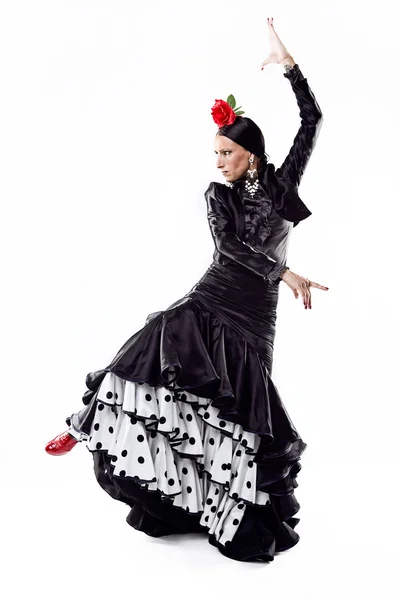 Pretty young flamenco dancer in beautiful dress. — Stock Photo, Image