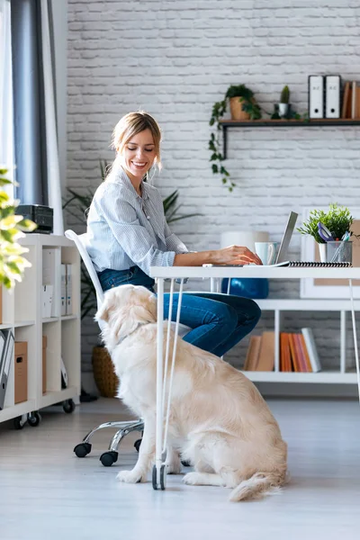 Prise Vue Jeune Femme Attrayante Regardant Son Beau Chien Tout — Photo