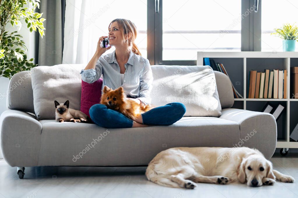 Shot of pretty young woman talking with mobile phone while sitting in couch with her dogs and cat at home.