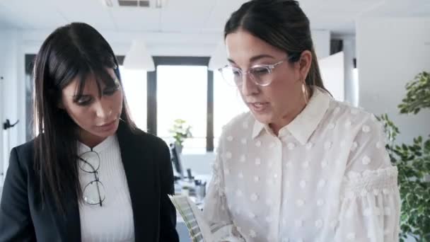 Video Dos Hermosas Jóvenes Diseñadoras Que Trabajan Proyecto Diseño Mientras — Vídeo de stock