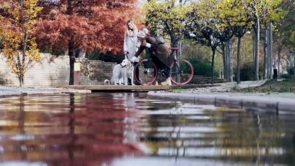 Video Two Beautiful Friends Talking While Walking Dog Bike Bridge — Stock Video