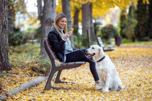 Sonbaharda Parkta Sevimli Köpeğiyle Bankta Otururken Akıllı Telefonuyla Mesaj Gönderen — Stok fotoğraf