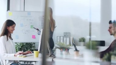 Modern başlangıçtaki beyaz tahtadaki meslektaşlarına projeyi açıklarken çok yönlü zarif iş konuşmalarının videosu..