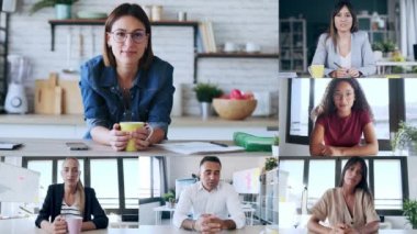 Çeşitli çalışanların video konferansta konuşurken görüntülü ekran uygulaması görüntüsü. Covid19 konsepti.