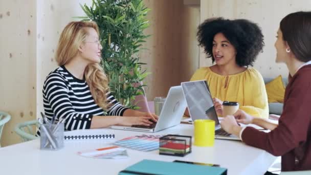 Vídeo Mulheres Negócios Multiétnicas Casuais Que Trabalham Com Laptops Enquanto — Vídeo de Stock