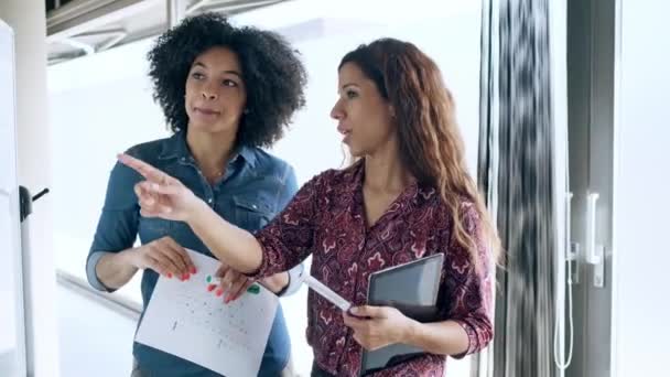 Video Multietnisk Affärskvinna Talar Samtidigt Förklara Ett Projekt Whiteboard Coworking — Stockvideo