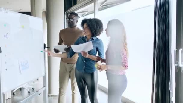 Video Multiethnischer Geschäftsleute Gespräch Während Sie Ein Projekt Auf Whiteboard — Stockvideo