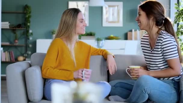 Vidéo Deux Jeunes Femmes Souriantes Parlant Tout Regardant Smartphone Assis — Video