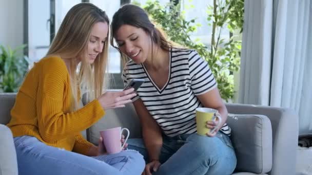Video Dos Mujeres Jóvenes Sonrientes Hablando Mientras Miran Teléfono Inteligente — Vídeos de Stock