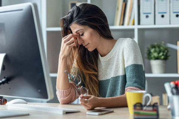 Shot Exhausted Young Woman Headache While Working Computer Modern Startup — Stock Fotó