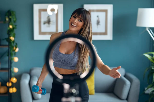 Shot Sporty Mature Woman Blogger Shooting Fitness Workout Living Room — Fotografia de Stock