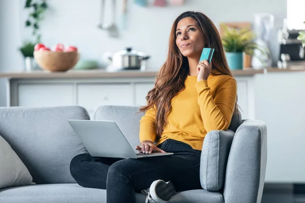 Shot Beautiful Young Woman Paying Something Online Her Credit Card — Stock Photo, Image