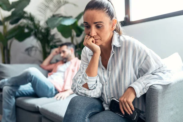 Shot Angry Young Couple Sitting Couch Together Looking Sides Home — Stock Photo, Image