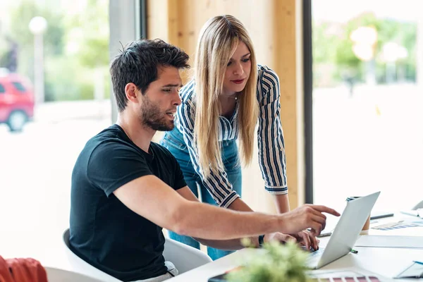 Shot Smart Business People Working Together Laptop While Talking Coworking — Stock Photo, Image