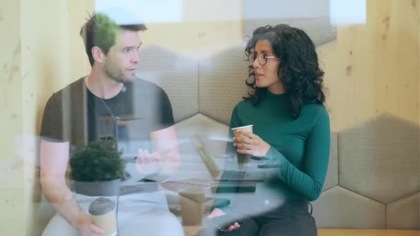 Video Two Colleagues Taking Break Working While Talking Drinking Coffee — Stock Video