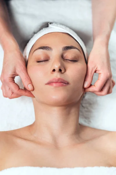 Shot Cosmetologist Making Face Massage Rejuvenation Woman While Lying Stretcher — Stock Photo, Image