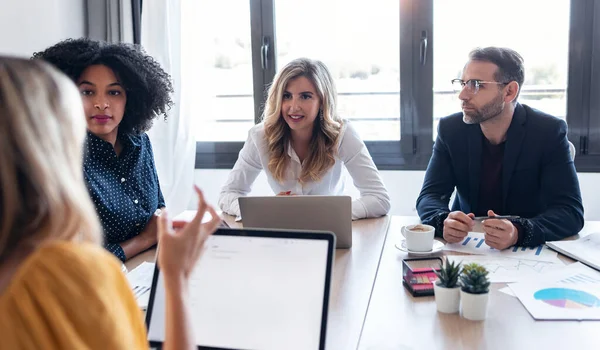 Shot Casual Multiage Business People Working Laptops While Talking New — Stock Photo, Image