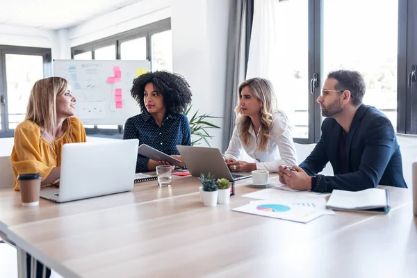 Shot Casual Multiage Business People Working Laptops While Talking New — Stok Foto