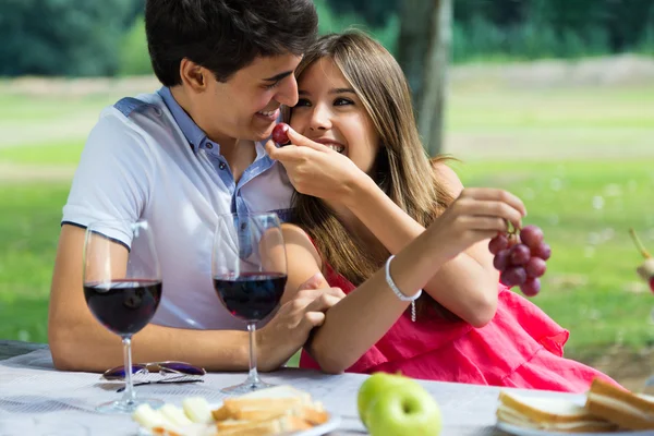 Young couple eating grapes on romantic picnic in countryside. — Stock Photo, Image