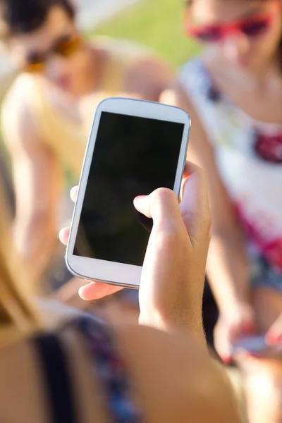 Groupe d'amis textos avec leurs téléphones intelligents dans le parc . — Photo