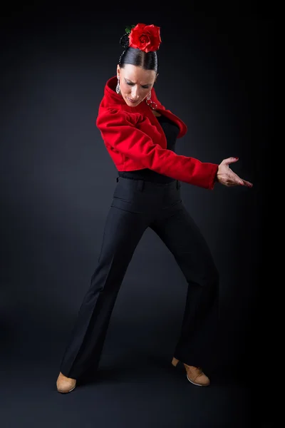 Young flamenco dancer in beautiful dress on black background. — Stock Photo, Image